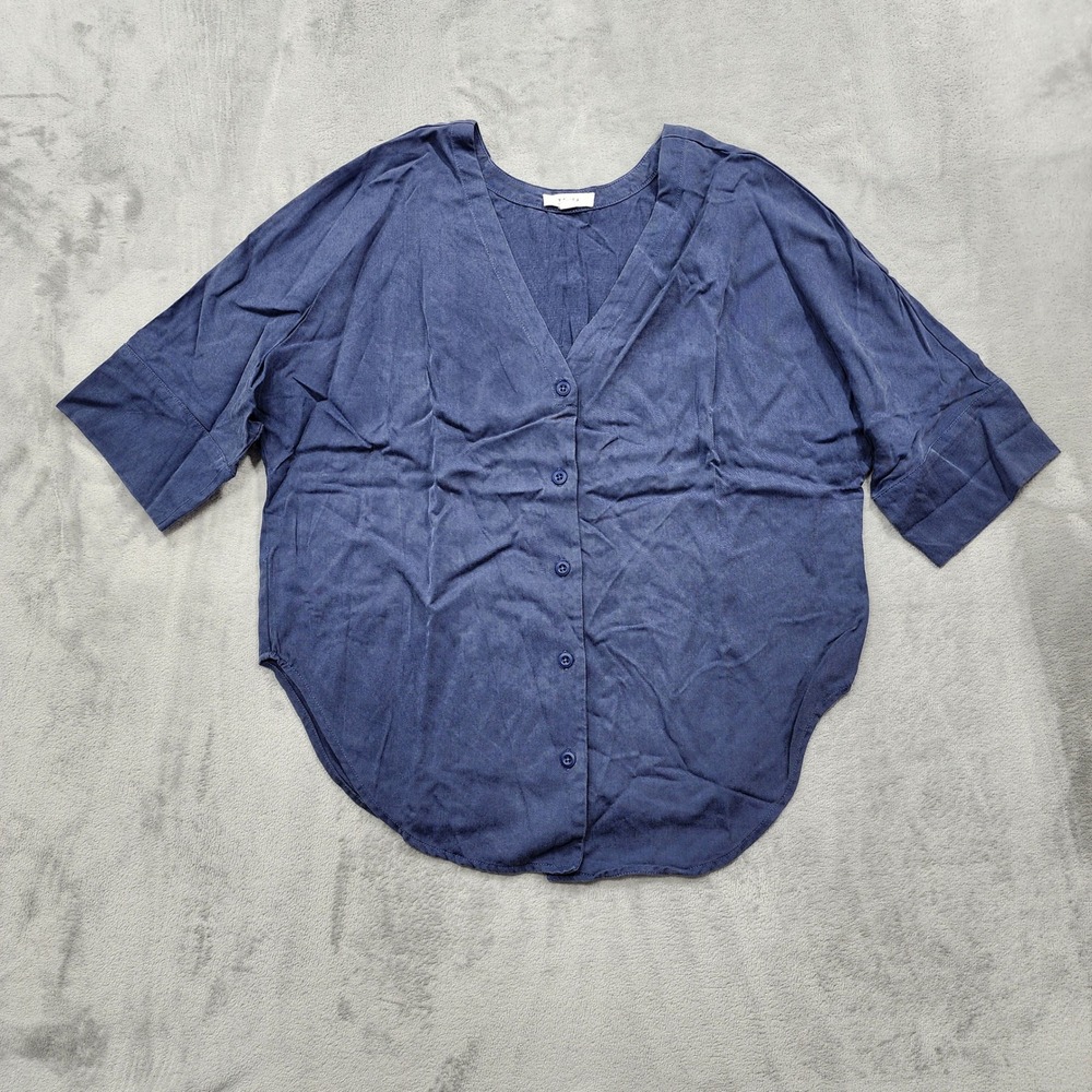 Vetta Top Womens XS Blue The Boyfriend V-Neck Tencel Button Up Lagenlook Boho